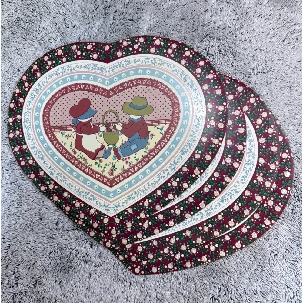 Vintage Town & Country Heart Placemats Set 4 Vinyl Cottagecore Grannycore